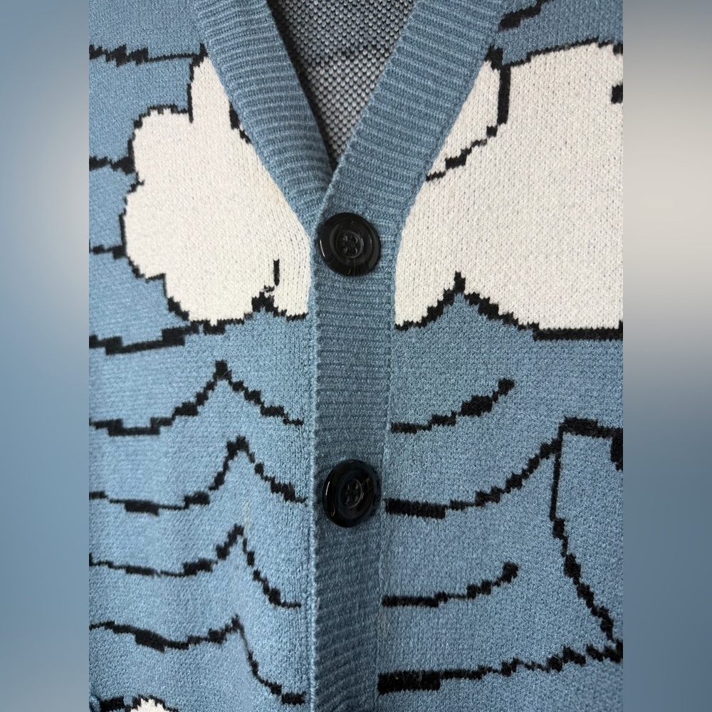 Steady Hands Cloud Pattern Cardigan Sweater Blue White M/L Cozy Indie Knit - Picture 4 of 10